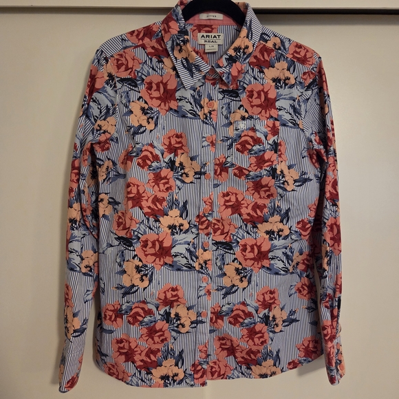 Ariat Tops - Ariat Pink and Blue Button Down Shirt with Floral Design